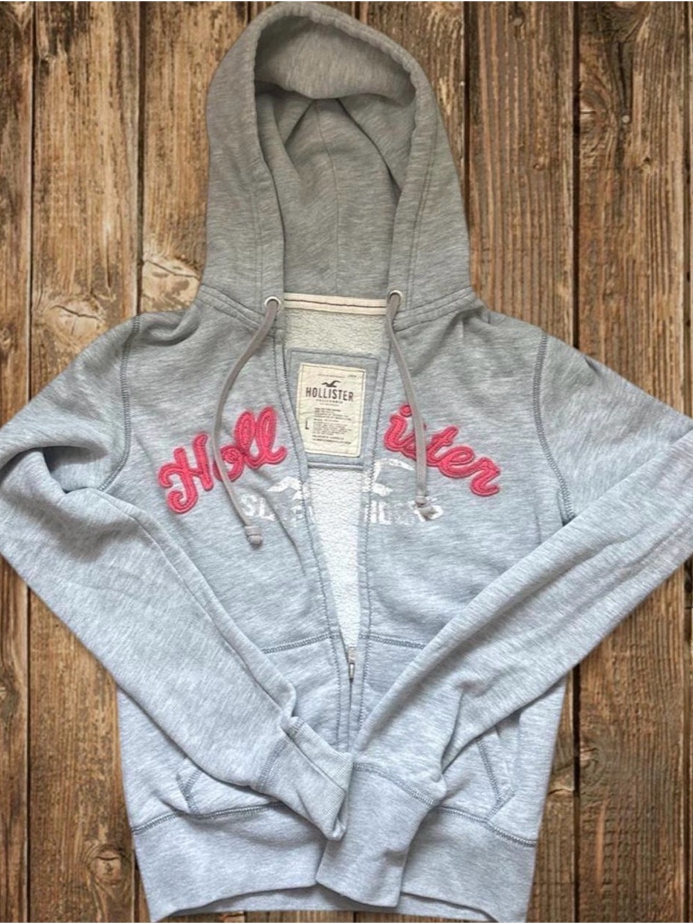 Vintage Y2K Hollister Light Gray Zip Hoodie with Pink Applique
